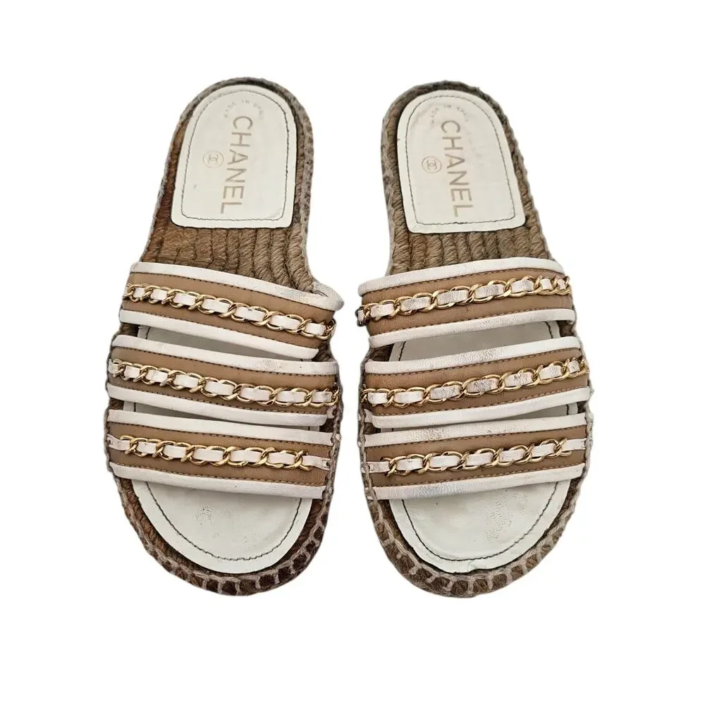 Chanel Chain Espadrille Flat Slide Sandal Beige White Leather Size 36 C US 5 5.5